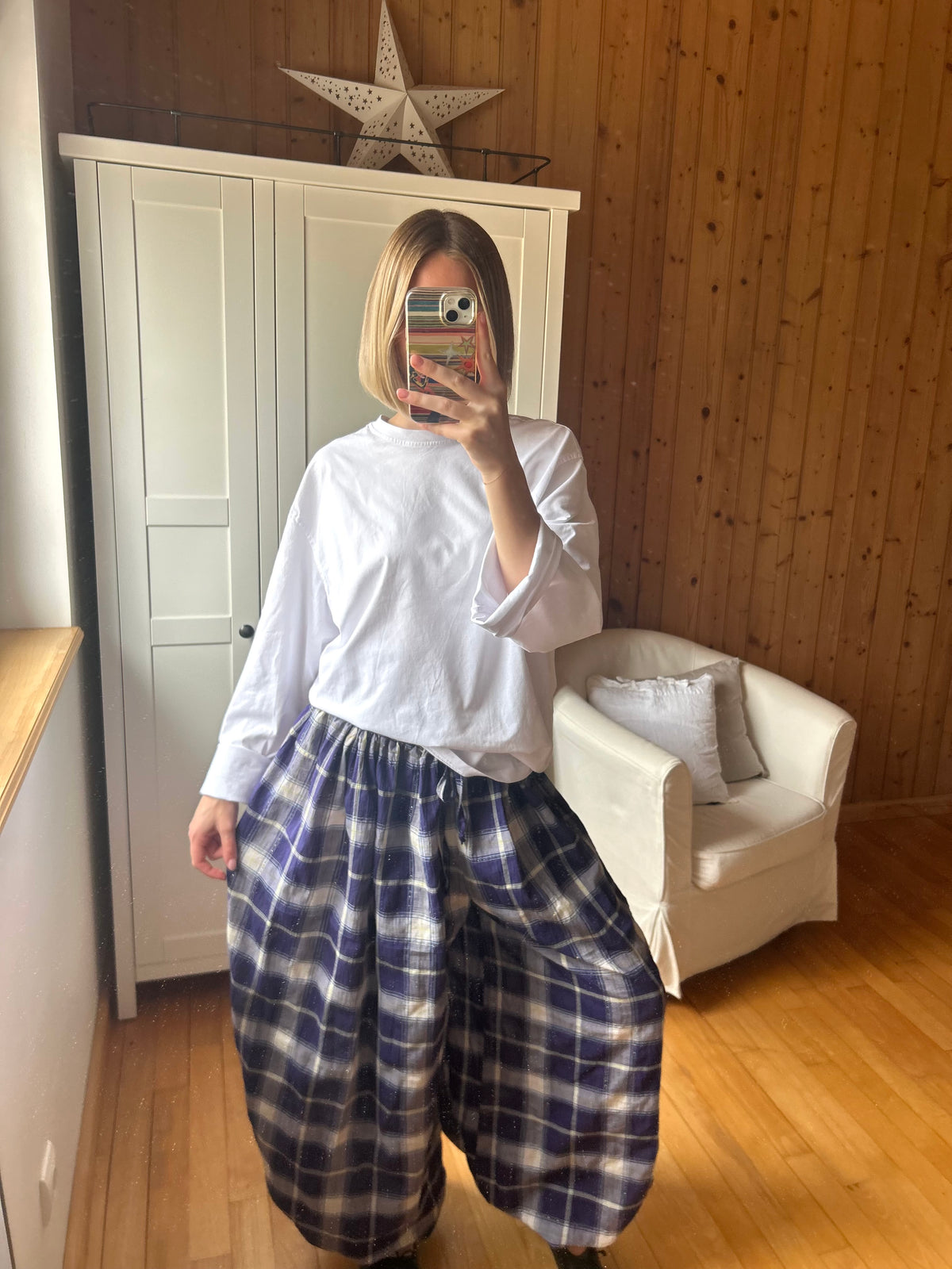 Pantalon carreaux lurex doré marine