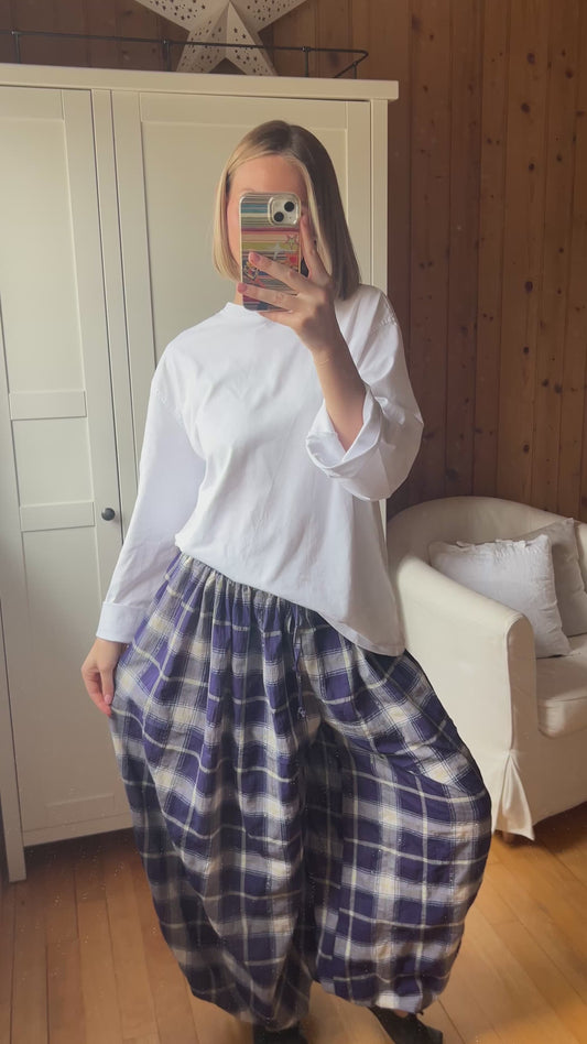 Pantalon carreaux lurex doré marine